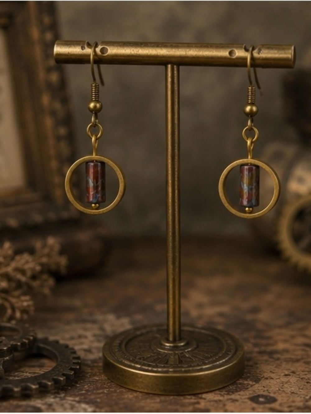 Handcrafted Brass Earrings with Picasso Tube Bead